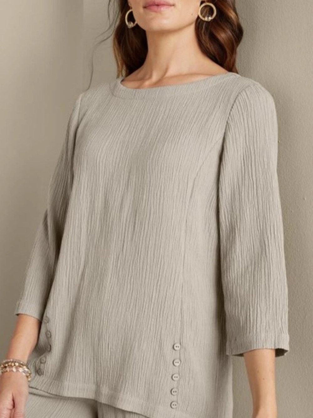Soft Surroundings Oceo Gauze Tunic Pebble Taupe Crinkle Top Sz M Lagenlook